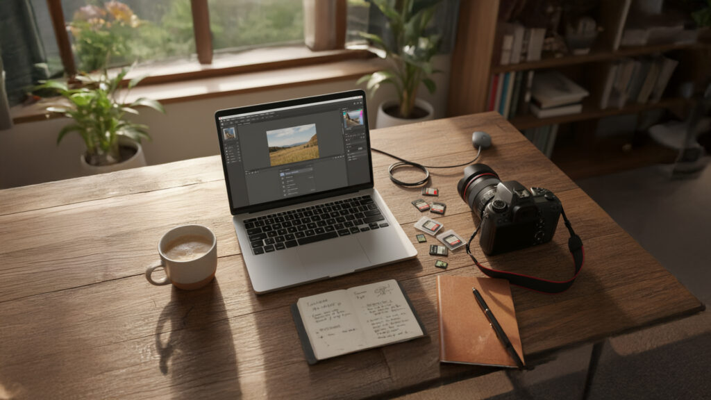 Laptop open to a photo editing program beside a camera, memory cards, and a notebook on a wooden desk, representing a photographer preparing images to sell online.