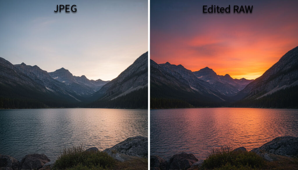 Side-by-side comparison showing a dull JPEG image next to a vibrant edited RAW version of a mountain sunset scene