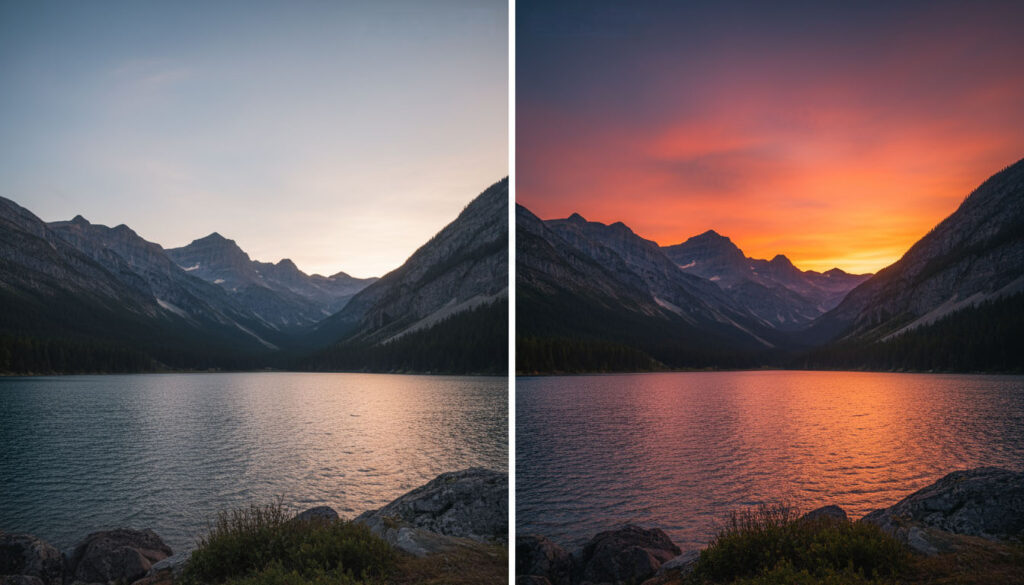 Side-by-side comparison showing a dull JPEG image next to a vibrant edited RAW version of a mountain sunset scene.