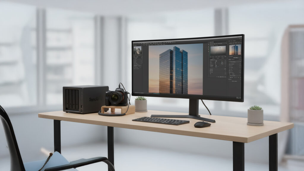 Synology NAS setup on a modern photographer’s desk with camera and monitor editing photo.