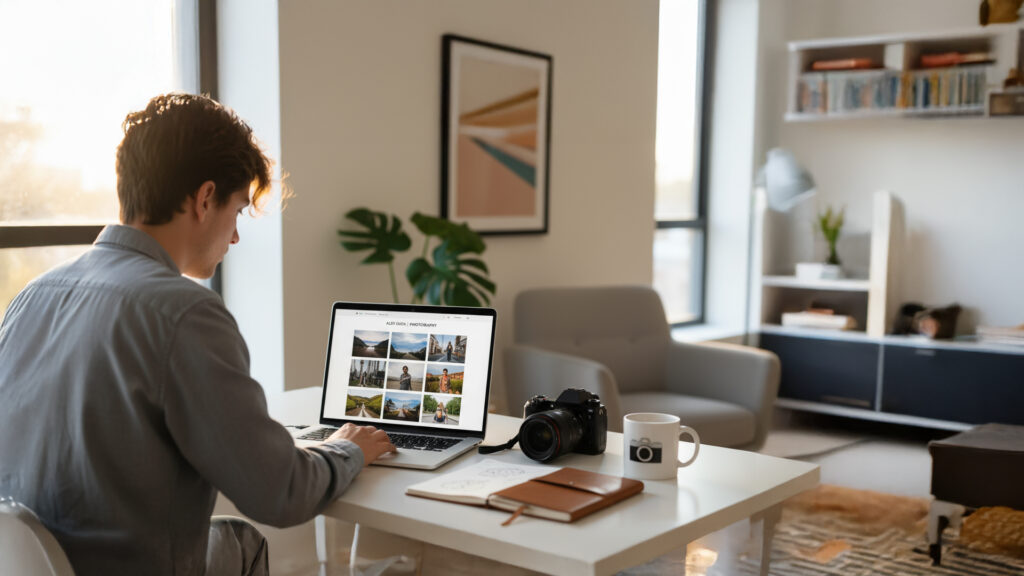Photographer editing their website portfolio on a laptop at a bright workspace with camera and coffee mug.
