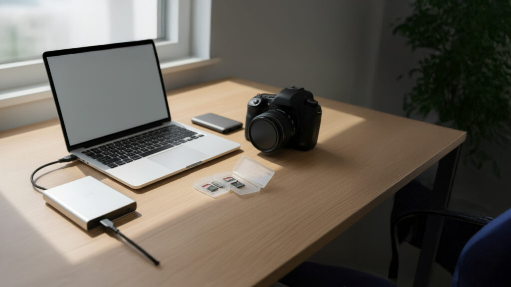 Clean flat lay of a camera, laptop, and external drives used for photo backup on a wooden desk.