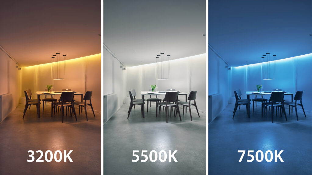 Three side-by-side room scenes showing 3200K warm tungsten, 5500K neutral daylight, and 7500K cool shade to illustrate Kelvin color temperature in photography.