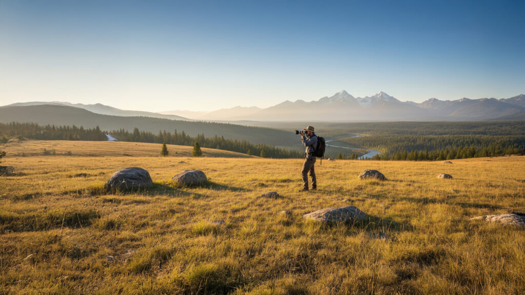 Photographer standing in an open mountain landscape during warm morning light while scouting the location for a photo.