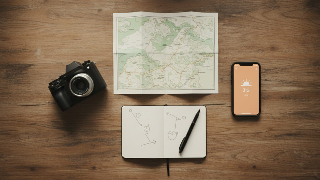 Flat lay of a map, camera, notebook with simple location notes, pen, and smartphone with sunrise time shown, used for planning a photography location.