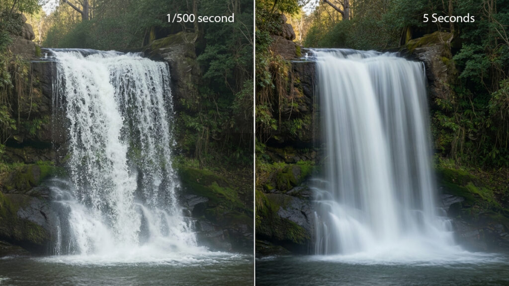 comparison of fast shutter speed and long exposure waterfall photos