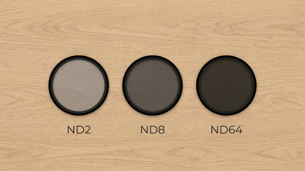 ND filter strength comparison showing ND2 ND8 and ND64