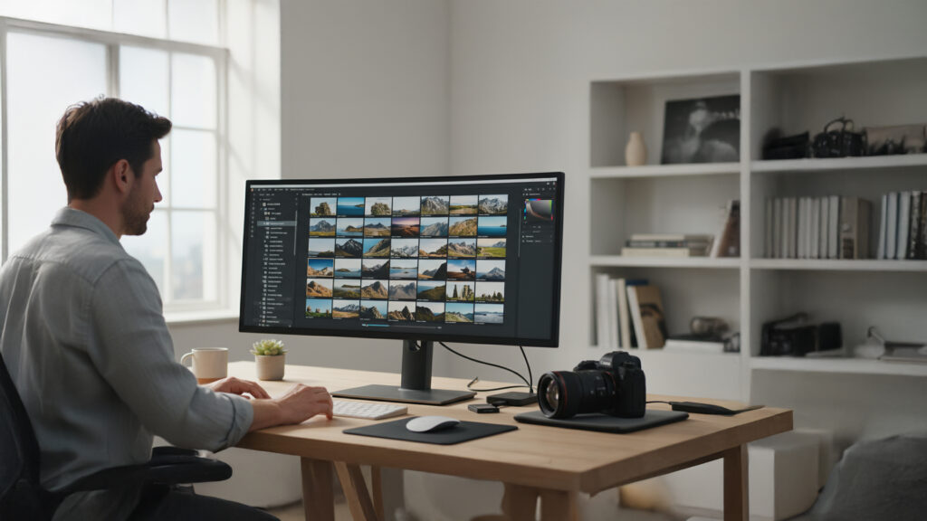 Photographer importing and organizing landscape photos on a computer screen, showing thumbnail previews and folders as part of a photo editing workflow.