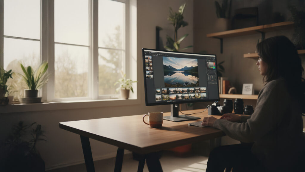 Photographer editing landscape images on computer in Lightroom as part of a photo editing workflow.