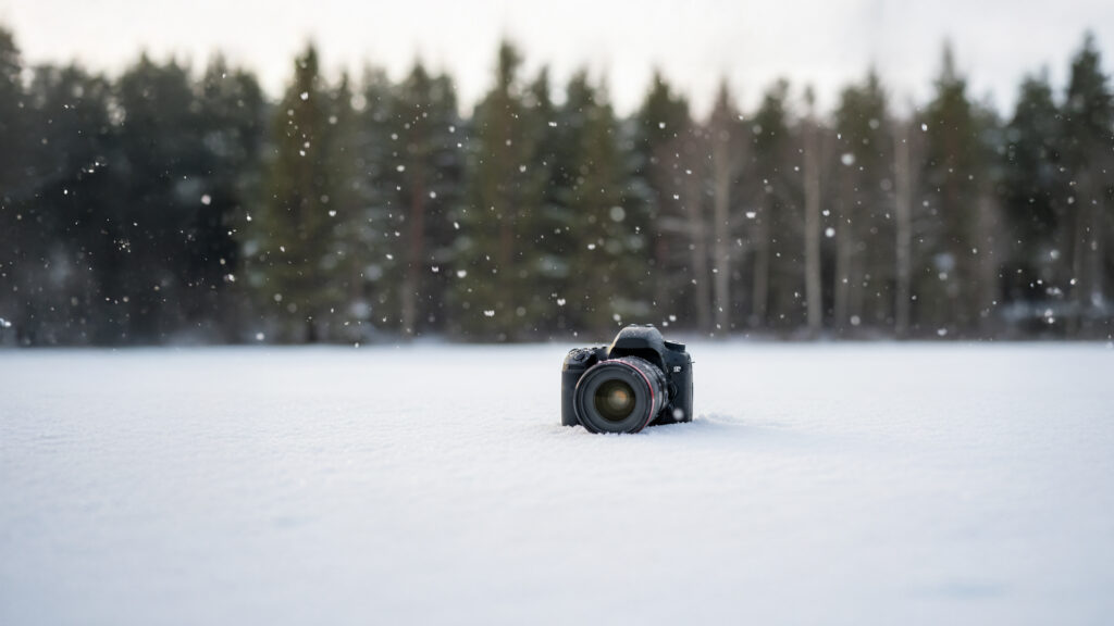 camera resting on fresh snow with soft winter light falling around it