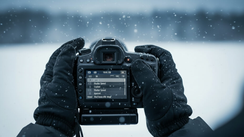 winter-camera-settings gloved hands adjusting camera settings on a DSLR in snowy weather