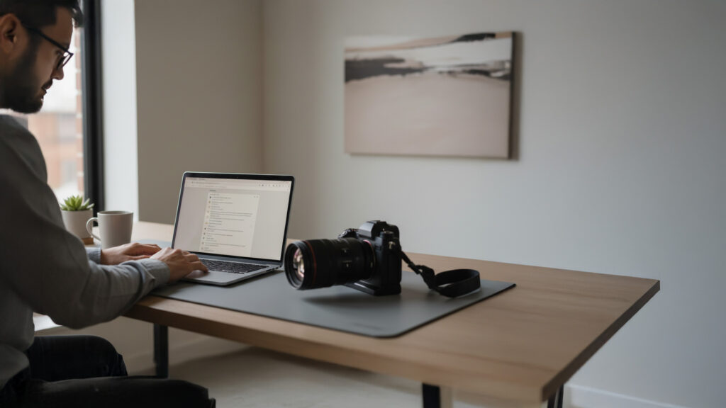 Photographer reviewing stock images on a laptop with camera gear on a clean desk